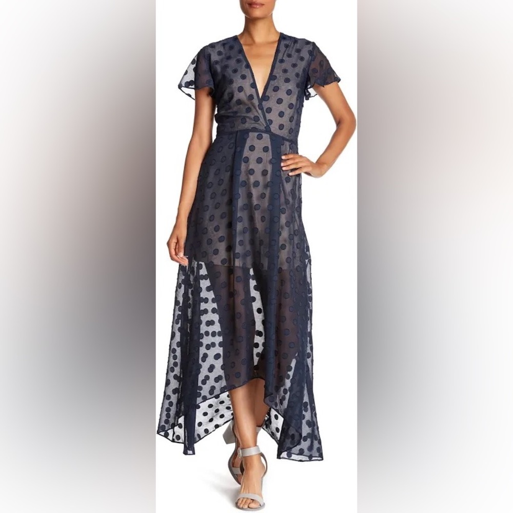 New NSR Navy Blue Chiffon V Neck Polka Dot Short Sleeve Maxi Dress size medium-8